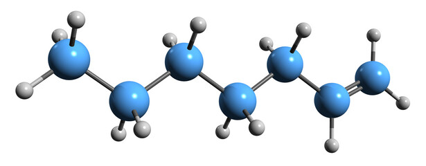 Poster -  3D image of Heptene skeletal formula - molecular chemical structure of higher olefin heptylene isolated on white background
