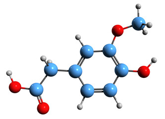 Wall Mural - 3D image of Homovanillic acid skeletal formula - molecular chemical structure of major catecholamine metabolite isolated on white background
