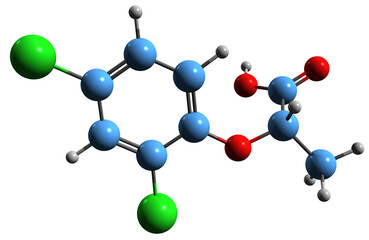 Poster -  3D image of Dichlorprop skeletal formula - molecular chemical structure of chlorophenoxy herbicide isolated on white background
