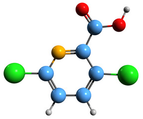 3d image of clopyralid skeletal formula - molecular chemical structure of selective herbicide isolat