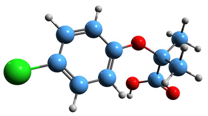 Wall Mural -  3D image of Clofibric acid skeletal formula - molecular chemical structure of Chlorophenoxyisobutyric acid isolated on white background