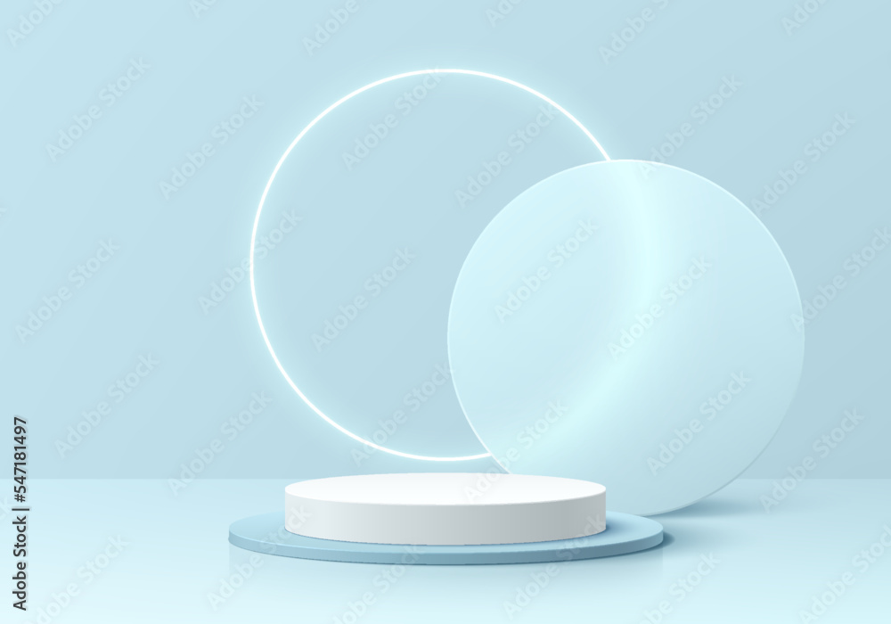 Abstract blue 3D background with realistic white cylinder product stand ...