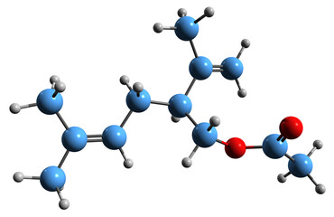 Poster -  3D image of Lavandulyl acetate skeletal formula - molecular chemical structure of acetate ester of lavandulol isolated on white background