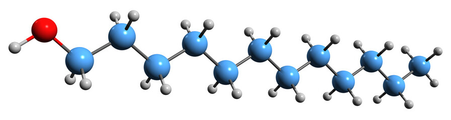 Poster -  3D image of  fatty alcohol Dodecanol skeletal formula - molecular chemical structure of Lauryl alcohol isolated on white background
