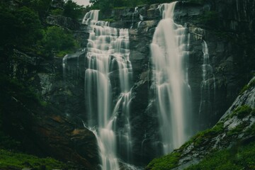 Canvas Print - Long exposure shot of a Skjervefossen waterfall in a valley emerging from the forest in Bergen area