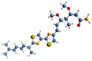 Poster -  3D image of Myxothiazol skeletal formula - molecular chemical structure of fungus metabolite isolated on white background
