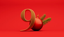 The 12 Days Of Christmas. 9th Day Festive Background Gold Lettering With Bauble. 3D Rendering
