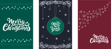 Merry Christmas. Cards Invitations.Modern Universal Art Templates.  Vector Illustration. Design Of Flower Elements Balls Snowflakes, Elegant White Lettering On Blue Green Red Background. Christmas Set