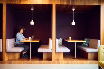 Young Businesswoman In Modern Open Plan Office Working On Laptop In Seating Pod