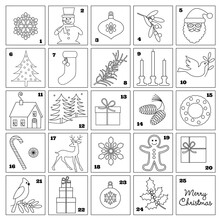 Advent Calendar With Christmas Black Outline Illustrations Digital Stamps