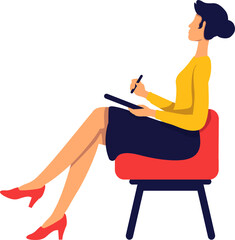 Wall Mural - Female journalist sitting in armchair semi flat color raster character. Full body person on white. Taking interview simple cartoon style illustration for web graphic design and animation