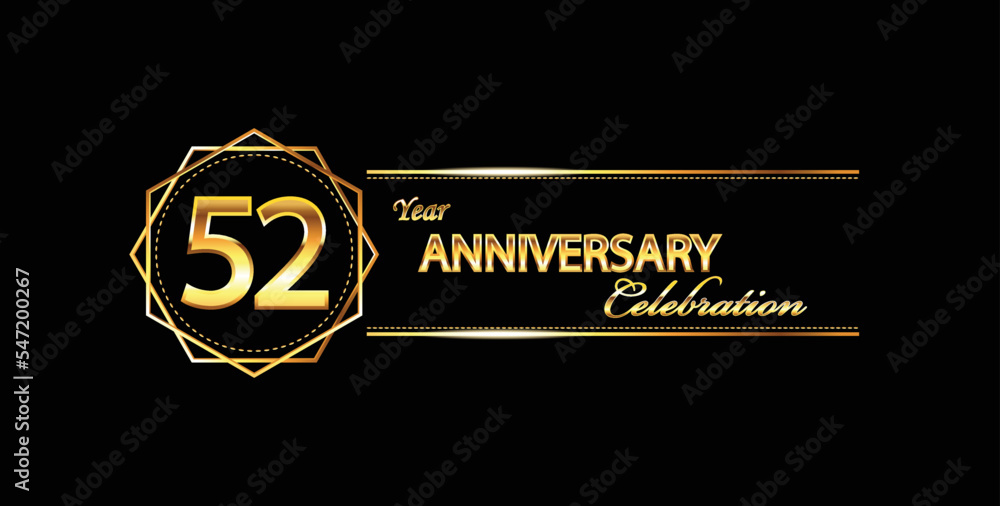 52 anniversary celebration. 52nd anniversary celebration. 52 year anniversary celebration with gold shine and black background.