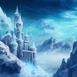 Fairy tale ice castle with high towers in the mountains.	
