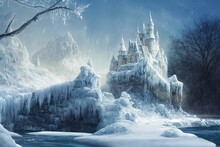 Frozen Magic Ice Castle Among Snow Fields With Blue Sky And Forest Trees,