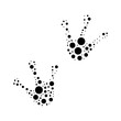 A large frog tracks symbol in the center made in pointillism style. The center symbol is filled with black circles of various sizes. Vector illustration on white background