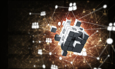 Wall Mural - concept of internet and networking with digital cube figure on dark background