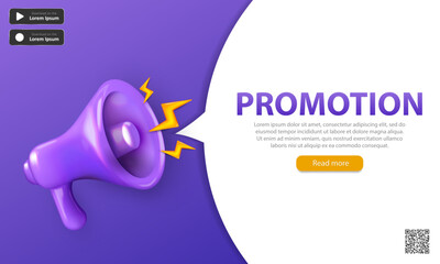 Editable template of landing page with 3d purple shouting megaphone, qr code, text and button. Bright promotion banner with three dimensional realistic loudspeaker, bullhorn, loudhailer.