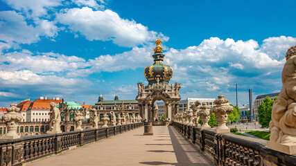 Wall Mural - Dresden, Saxony, Germany - June 1, 2022: Panoramic cityscape over historical and touristic center in Dresden downtown, Zwinger Palace with many sculptures and garden