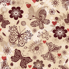 Seamless spring valentine floral pattern with butterflies on a light brown background. Vector eps 10