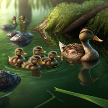 Duck And Ducklings In Water