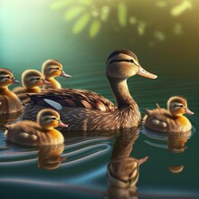 Cute Duck With Ducklings On Water
