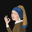 Girl with a pearl earring. Painting reproduction. Show gesture ok. drawn in vector. Print for clothes. Creative print on a T-shirt.