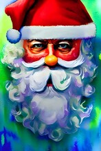 This Is A Portrait Of Santa Claus. He's Wearing A Red Suit And Has A White Beard. He Looks Happy And Jolly.