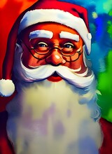 Santa Claus Is Looking At The Camera With A Twinkle In His Eye. He's Wearing A Traditional Red And White Suit, And He Has A Fluffy White Beard. A Sack Of Presents Is Slung Over His Shoulder, And There