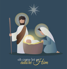 Christmas Card Holy Family. Silhouettes Of Joseph Mary And The Infant Jesus