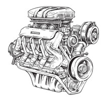 Car Engine Sketch Hand Drawn Engraved Style Engineering Vector Illustration