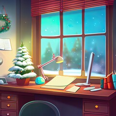 Poster - desk space and window with christmas tree