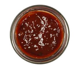 Wall Mural - Sauce barbecue in glass jar isolated on white, top view