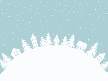 Christmas Background. Winter Village. Fairy Tale Winter Landscape. There Are White Houses And Fir Trees On Light Blue Background In The Image. There Is A Place For Your Text. Vector Illustration