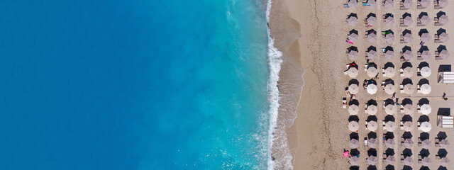 Aerial drone ultra wide panoramic top down photo of famous paradise bay and beach of Kathisma with deep turquoise sea in island of Lefkada, Ionian, Greece