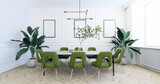 Fototapeta  - Jadalnia, projekt aranżacji wnętrz, kamienny stół i zielone krzesła. Render 3D