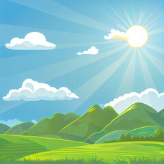 Poster - Flat design illustration of summer mountain landscape with green grassy hill under a clear blue sky with white clouds and shining sun 2d illustrated