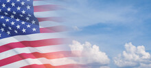 United States Of America Flag On Blue Sky Background. Independence Day, Memorial Day, Veterans Day. Banner.