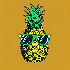 Sticker - Hand drawn pineapple fruit wearing trendy sunglasses clip art 2d illustrated illustration, suitable for poster, T shirt screen printing and other media.