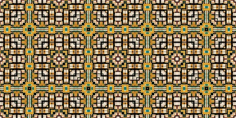 Wall Mural - Traditional tile mosaic seamless border pattern print. Fabric effect mexican patchwork damask edging trim. Square shape symmetrical background textile ribbon . Creative colourful graphic design banner