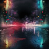 Fototapeta Perspektywa 3d - Epic dark background, wet asphalt, neon lights. Empty city street with fog and smoke.