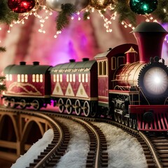 Christmas theme train set with xmas tree in the background. With lights and ornaments. Childhood concept.