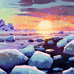 Poster - Close up of snow and ice on sea shore. Sunset sky. Scenic landscape of winter nature.