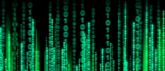 Binary code with green neon glow, Computer coding. Digitally generated image on a computer. Virtual reality, data, coding. High quality illustration
