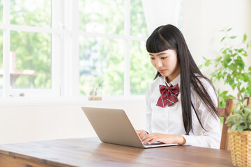 Wall Mural - 女子学生　制服　パソコン