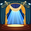 © AkuAku - Stage for concert or show with spotlights, curtains and gold arch with light bulbs. 2d illustrated cartoon illustration of empty scene for music festival, performance or talent contest