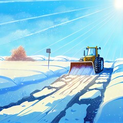 Poster - A winter road through snow covered fields cleared by a bulldozer after a heavy snowfall on a bright sunny day