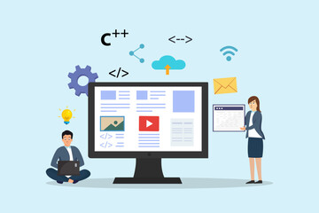 Business team maintenance website page and content, flat design illustration