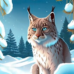 Sticker - Snowy forest clearing with beautiful animal wild lynx, Norway. Eurasian Lynx, wild cat in the forest with snow. Close up shot. Wildlife scene from winter nature.