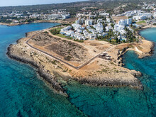 Aerial Panoramic View On Holidays Resorts And Blue Crystal Clear Water On Mediterranean Sea Near Fig Tree Beach, Protaras, Cyprus