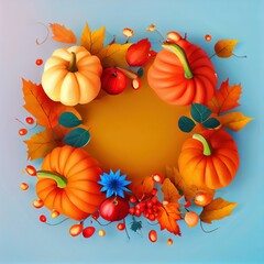 Canvas Print - Festive autumn decor from pumpkins, berries and leaves Concept of Thanksgiving day or Halloween Flat lay autumn composition with copy space , anime style